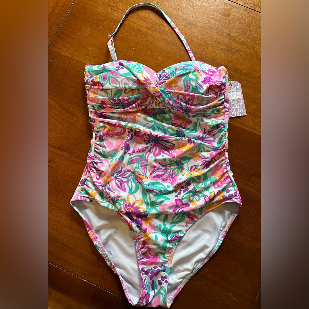 Stella Parker Women's One Piece Halter Swimsuit Abstract Floral Pink White Sz L